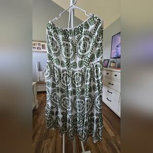 Green and White Strapless Patterned Dress